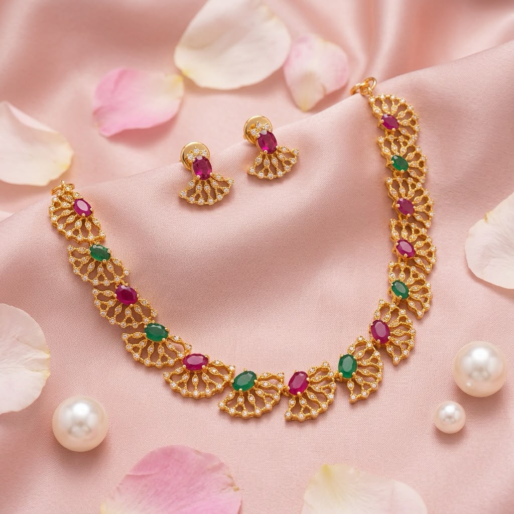 Beautiful Gold Plated Pink And Green Stones Necklace Set With Earrings