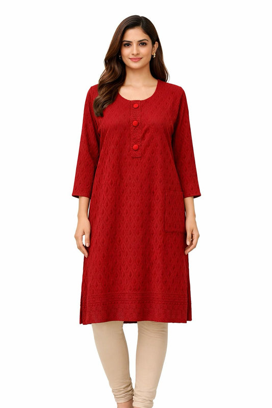 Ravishing Maroon Color Rayon With Chikankari Work Kurti For Women
