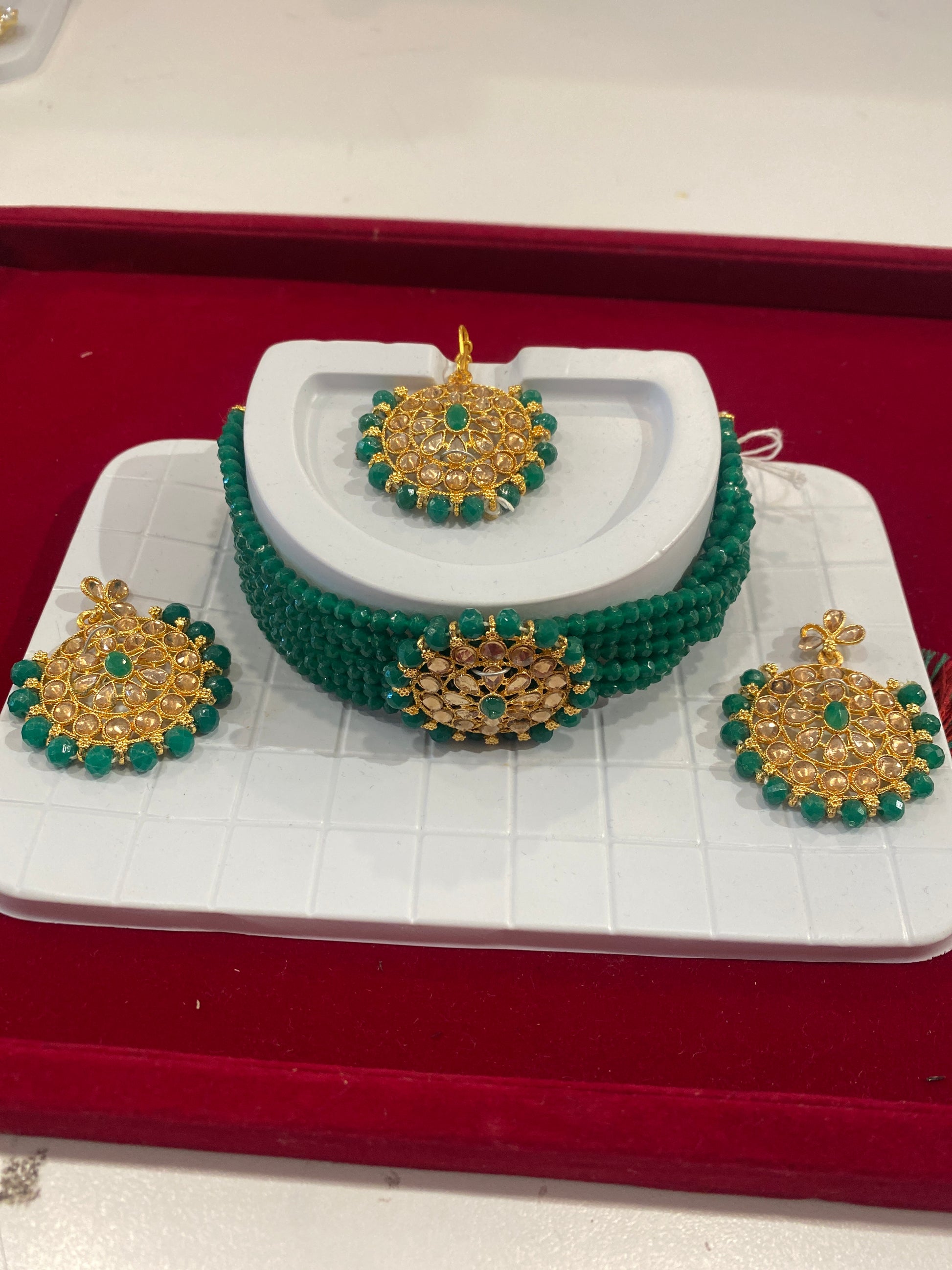 Beautiful Green Beads Choker With Maang Tikka And Earrings For Women