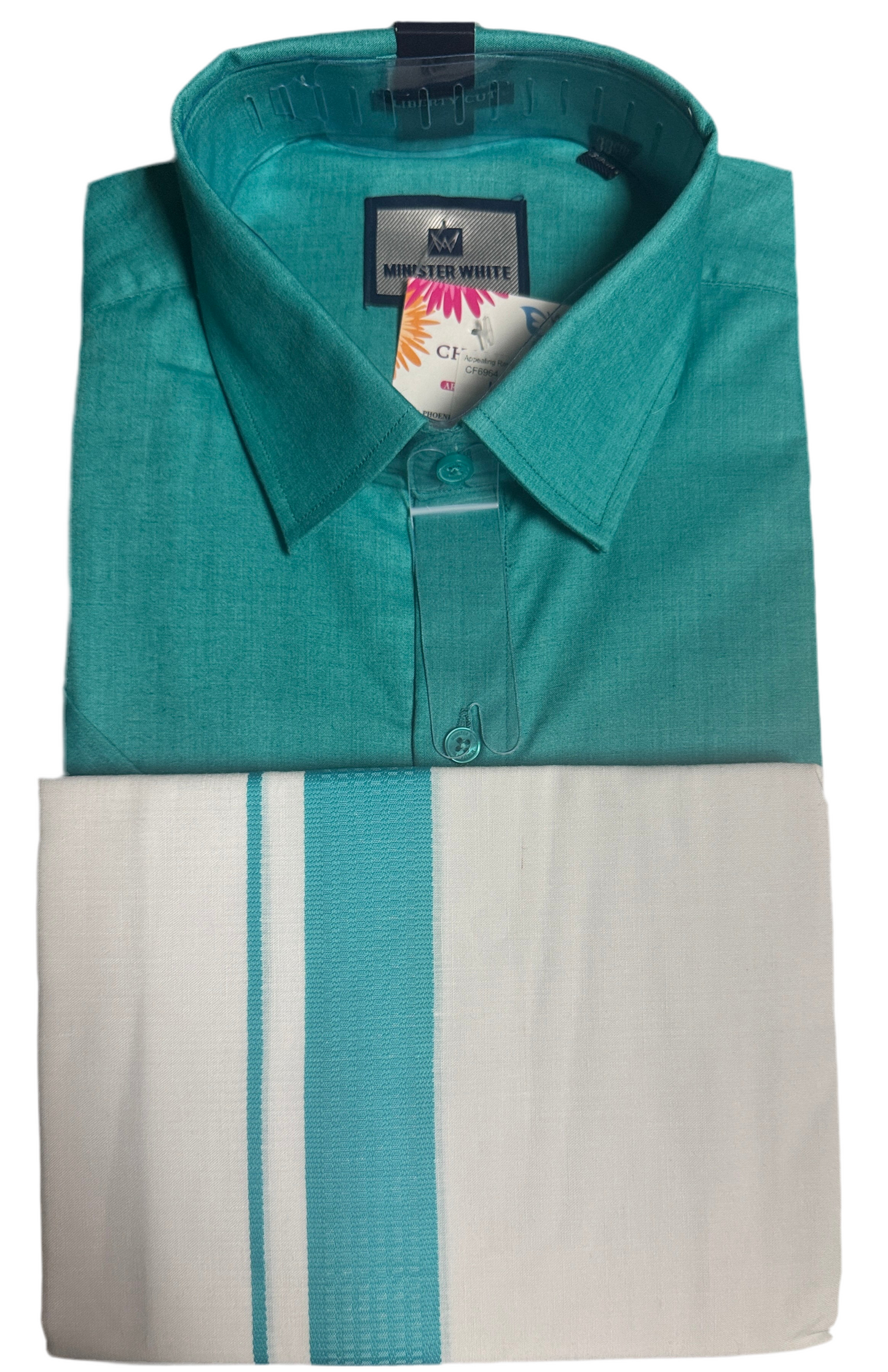 Appealing Rama Green Color Half Sleeve Cotton Dhoti Set With Fancy Border For Men