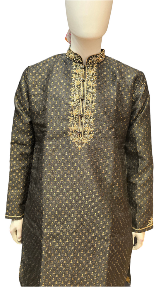 Amazing Black Color Brocade With Pure Zardozi Hand Work Kurta And Pajama Pants For Men