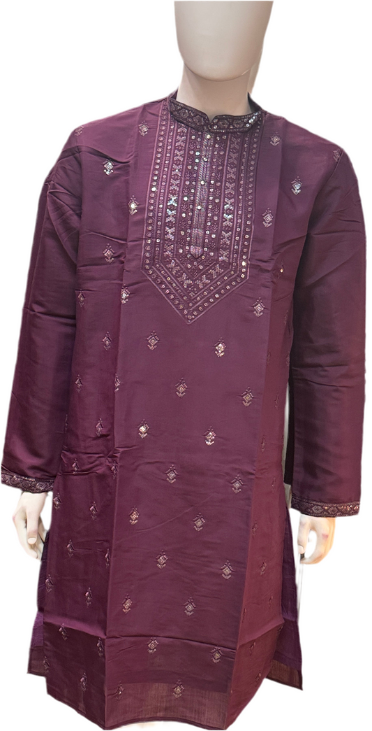 Beautiful Wine Color With Cotton Embroidery Work Kurta Suits For Men