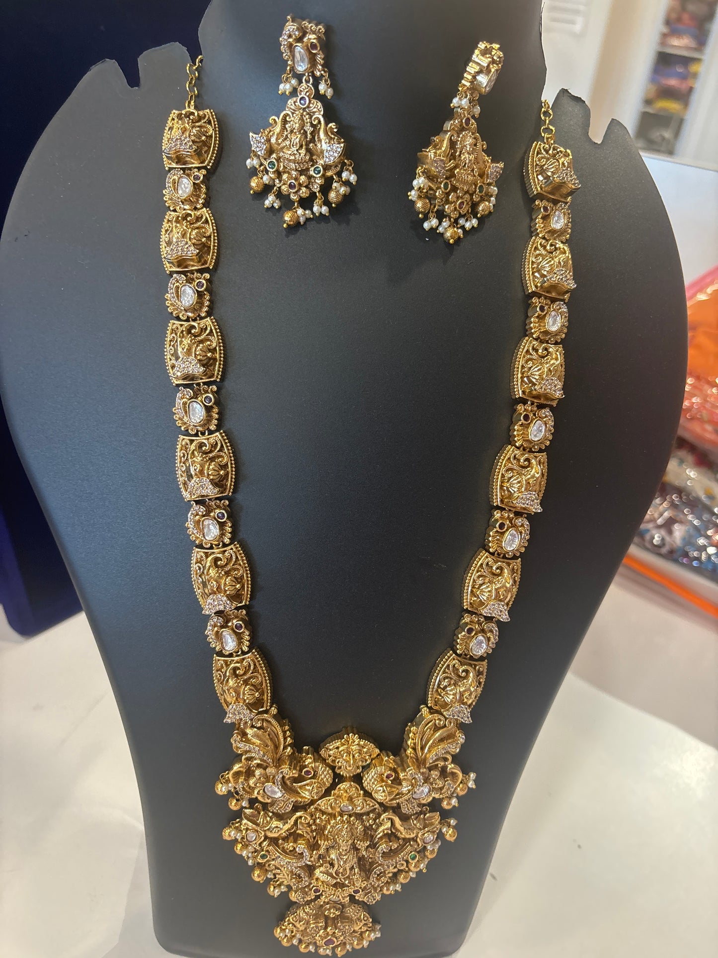 Grand Antique Gold Lakshmi Temple Haram with Peacock Motifs, CZ Stones & Matching Jhumka Earrings
