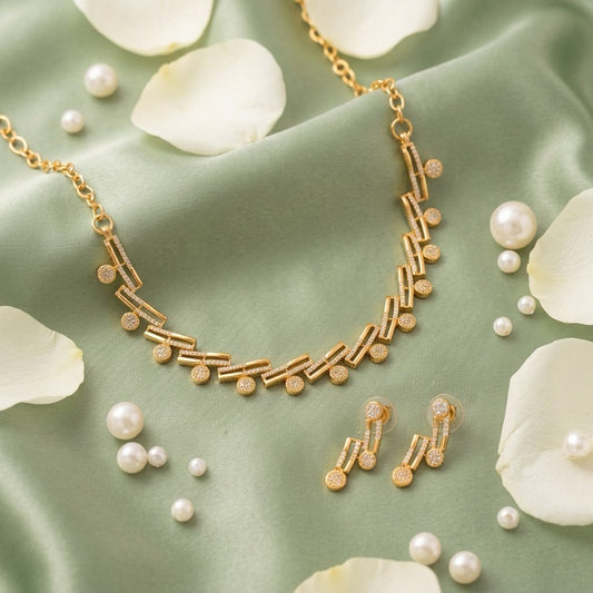 Beautiful White Stones Gold Plated Necklace Set With Matching Earrings For Women