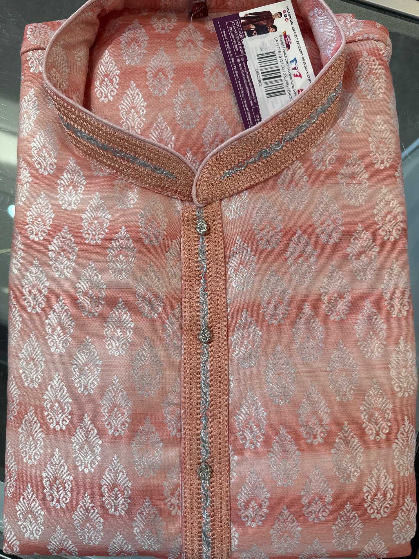 Beautiful Peach Color Brocade Kurta With Pajama For Men