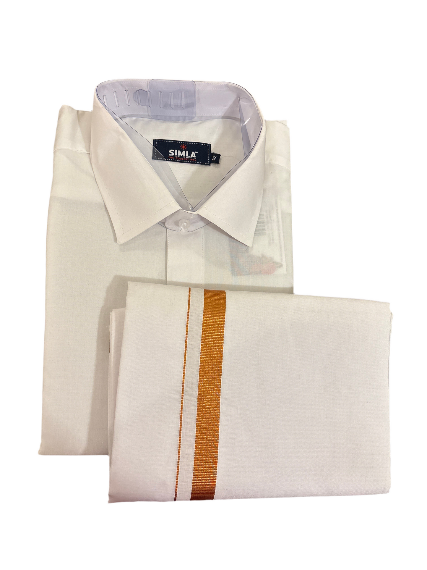 Gorgeous White Color Cotton Shirt And Copper Border Dhoti Set For Men