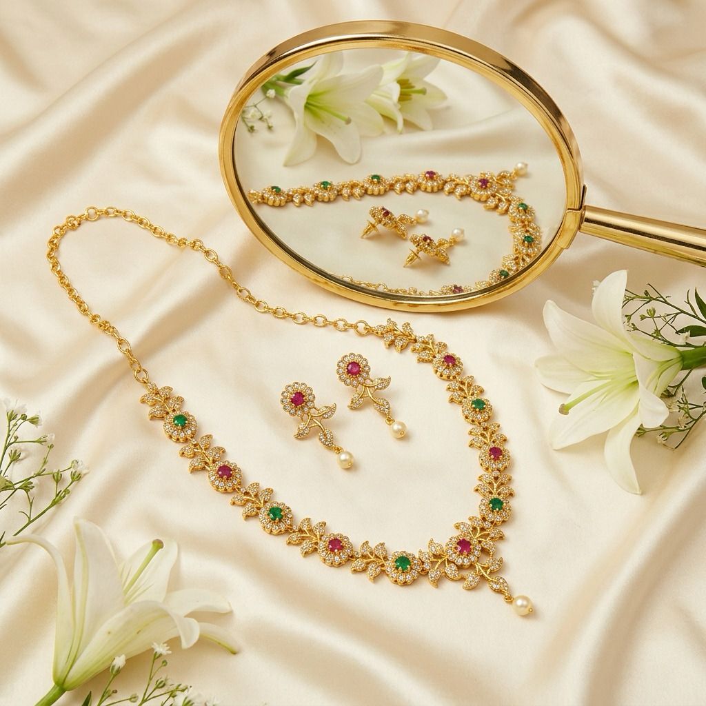 Dazzling Green And Red Stones Floral Design Gold Plated Necklace With Earrings For Women