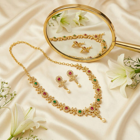 Dazzling Green, Red And White Stones Floral Design Gold Plated Necklace With Earrings Set