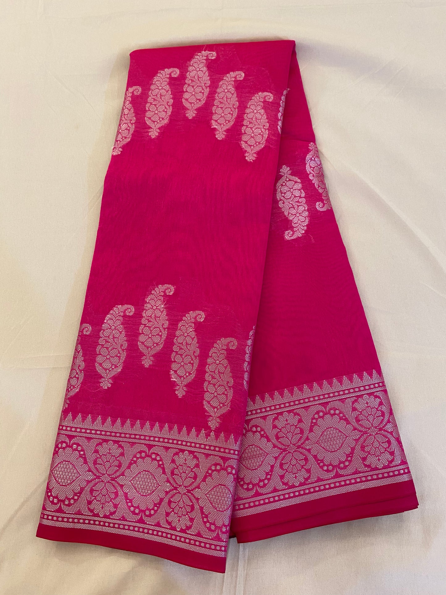 Gorgeous Hot Pink Silk Cotton Saree with Silver Jari
