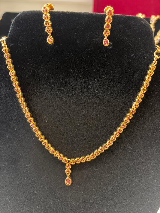 Elegant Red  Stones Studded Gold Plated Necklace With Earrings Set