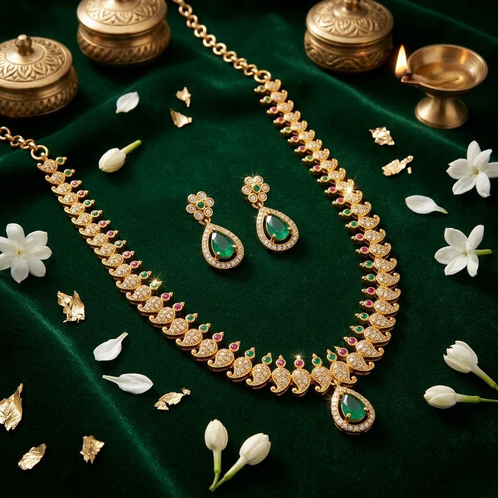 Traditional Emerald Stones Gold Plated Necklace With Earrings For Women