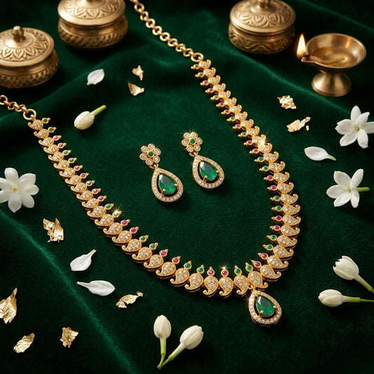 Traditional Emerald Green, Red And White Stones Gold Plated Necklace With Earrings