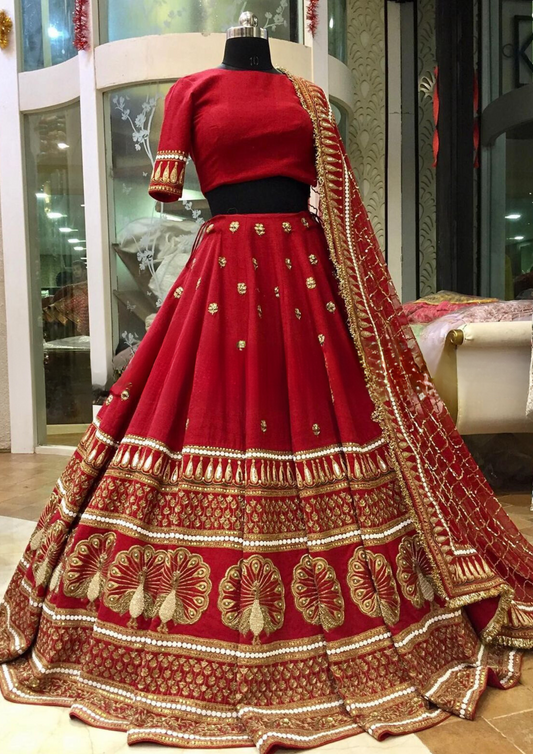 Elegant Red Color Embroidery Sequins Work Lehengas Choli With Dupatta