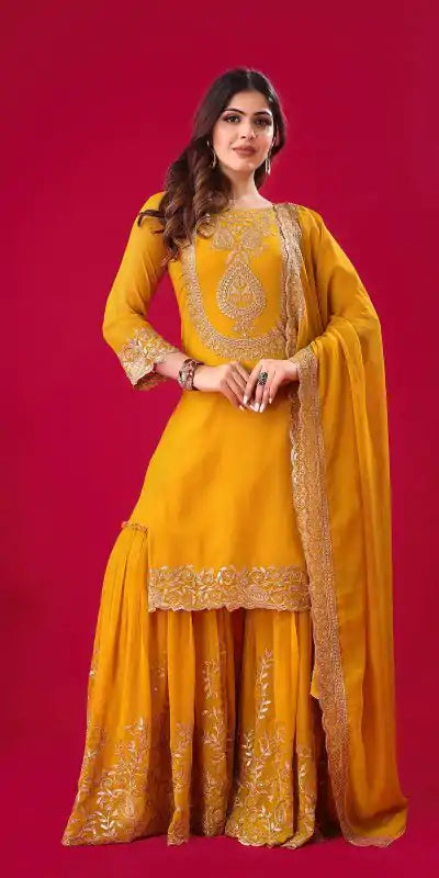Mustard Yellow Color Faux Georgette With Heavy Embroidery Work Sequins Sharara Suit For Women