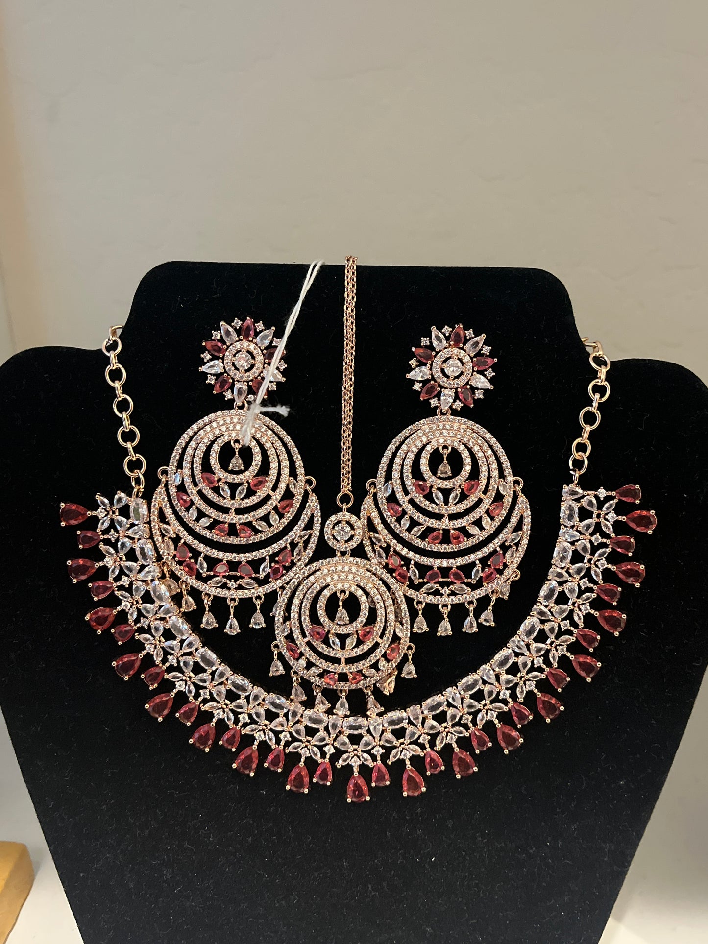 Charming Red And White Color Stone Design AD Necklace Set With Tikkas For Women