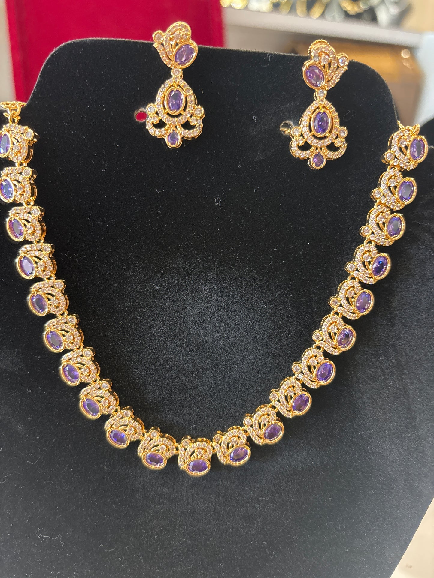 Elegant Gold-Tone Purple and white Stones  Necklace Set with Matching Earrings