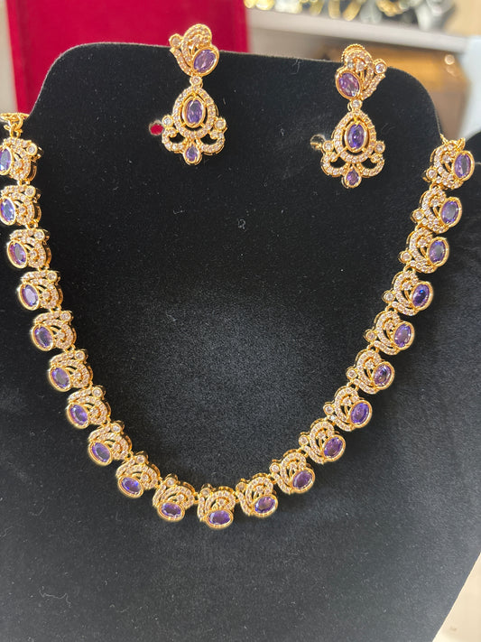 Elegant Purple And White Stones Gold Plated Necklace Set With Earrings