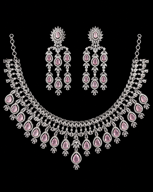 Premium Pink Color Stone American Diamond Necklace Set With Earrings For Women