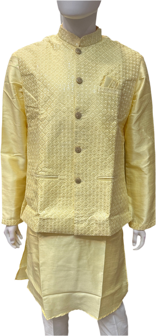 Attractive Yellow Color Heavy Banglori Silk With Embroidery Work Kurta And Pajama With Koti Jacket