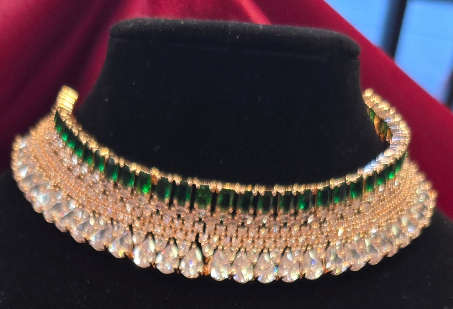 Traditional Gold Plated With Green And White Stone Choker And Earrings