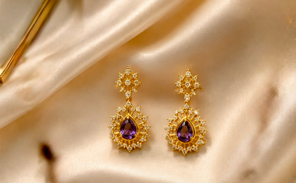 Stunning Purple And White American Diamond Gold Plated Necklace With Earrings