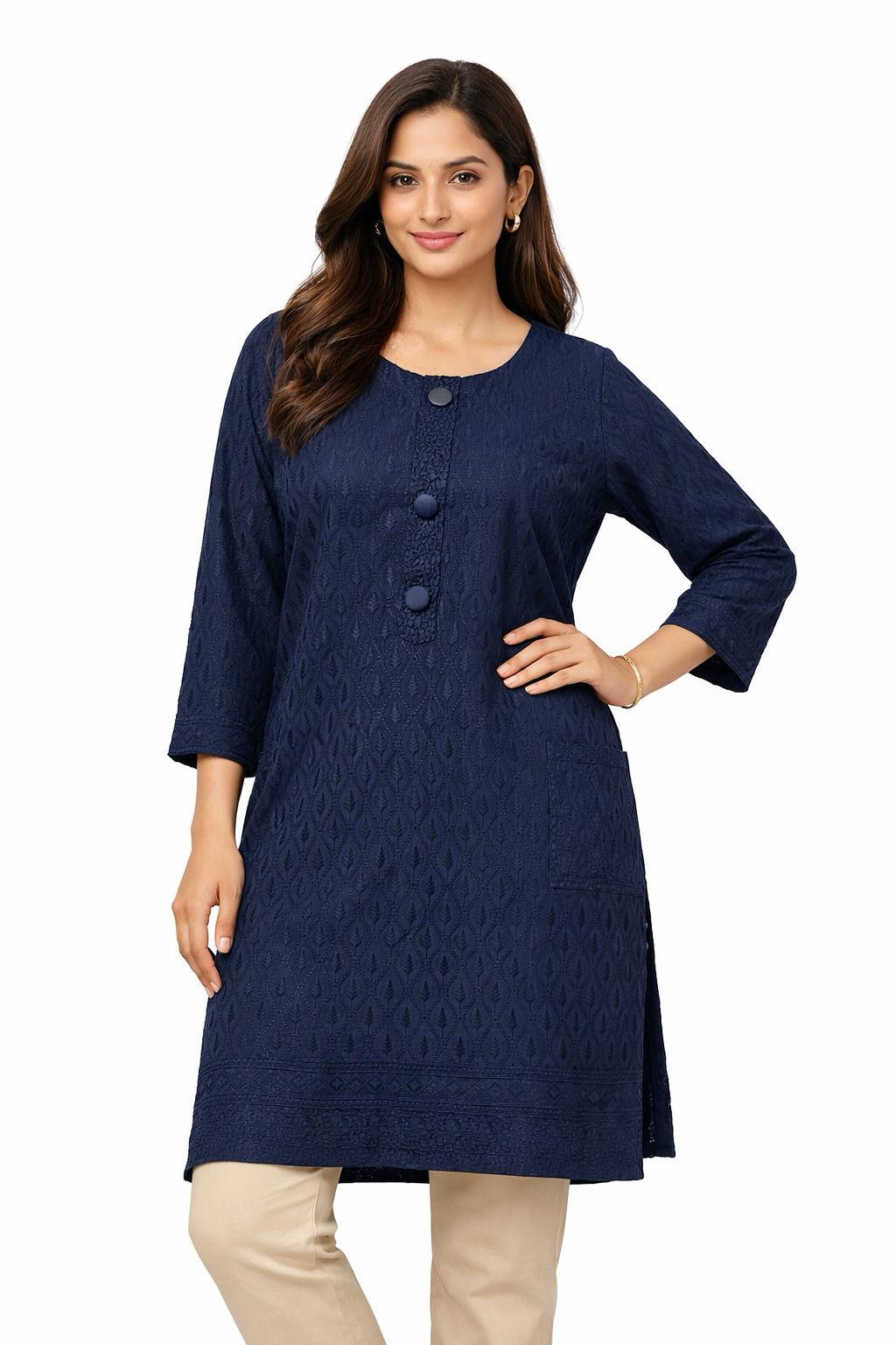 Gorgeous Blue Color Rayon With Chikankari Work Kurti For Women