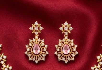 Stunning Pink Stones Gold Plated Necklace With Earrings For Women