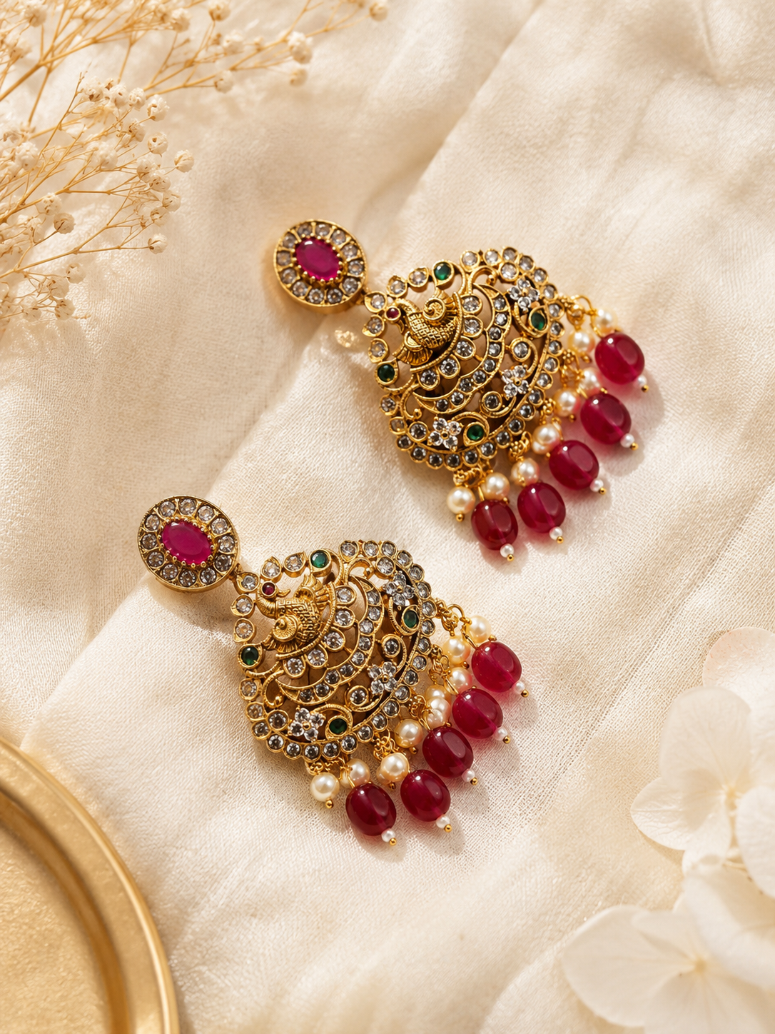 Amazing Gold Plated Necklace With Earrings and Red Pearls