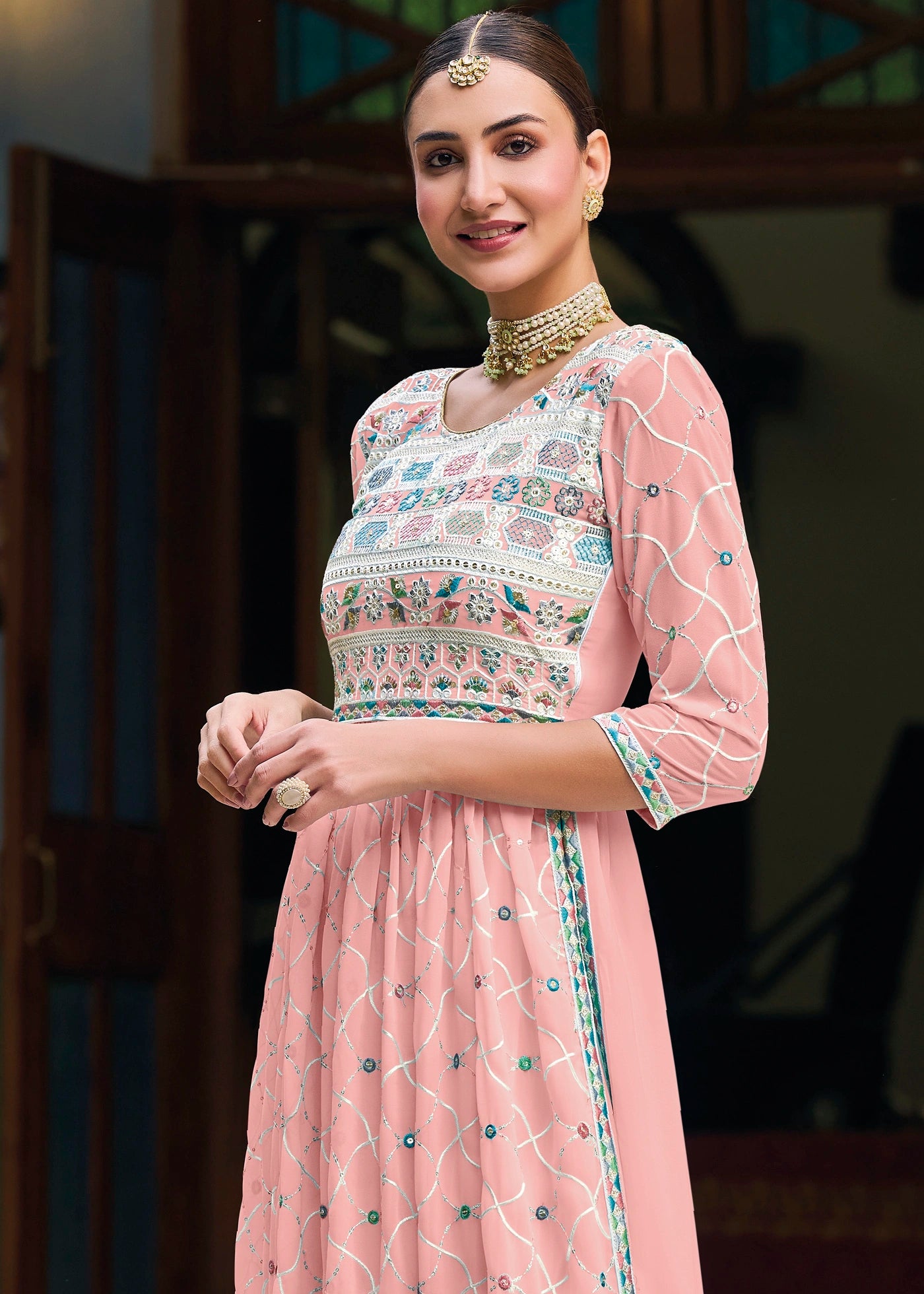  Light Pink Colored Heavy Embroidery Georgette Palazzo Suit In Tucson