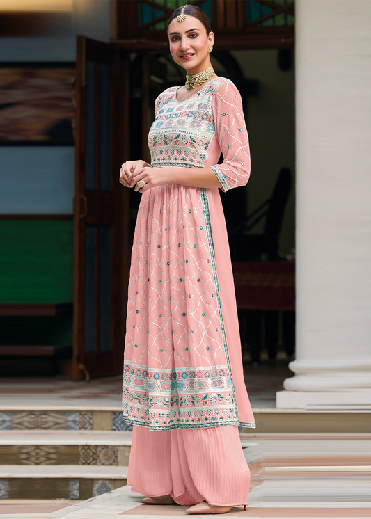 Beautiful Light Pink Colored Heavy Embroidery Georgette Palazzo Suit