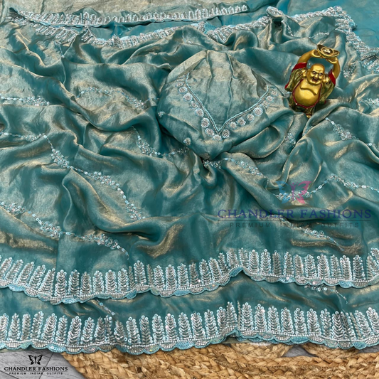 Mesmerize Blue Color Space Silk With Beads Work Saree For Women