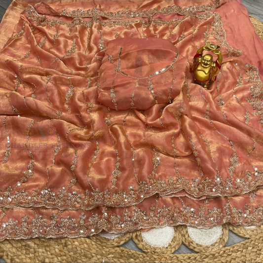 Dazzling Peach Colored Space Silk Saree For Women