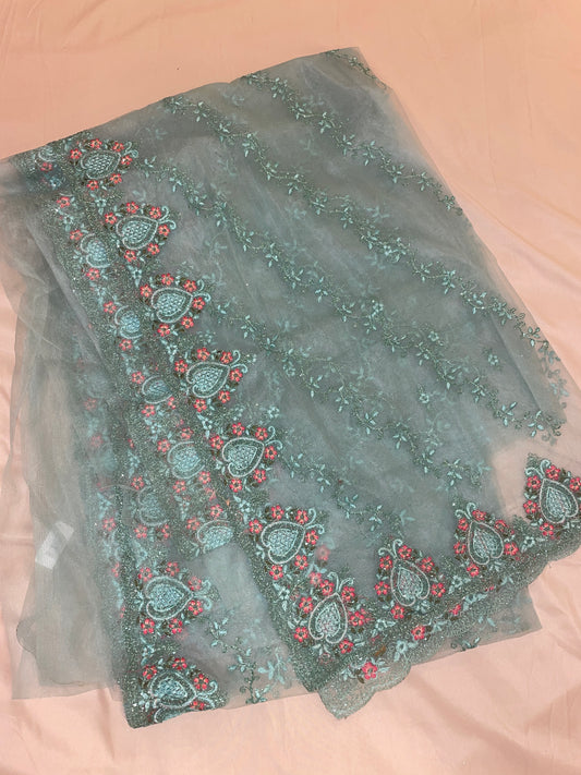 Gorgeous Teal Green Color Designer Sarees With Embroidery Work For Women