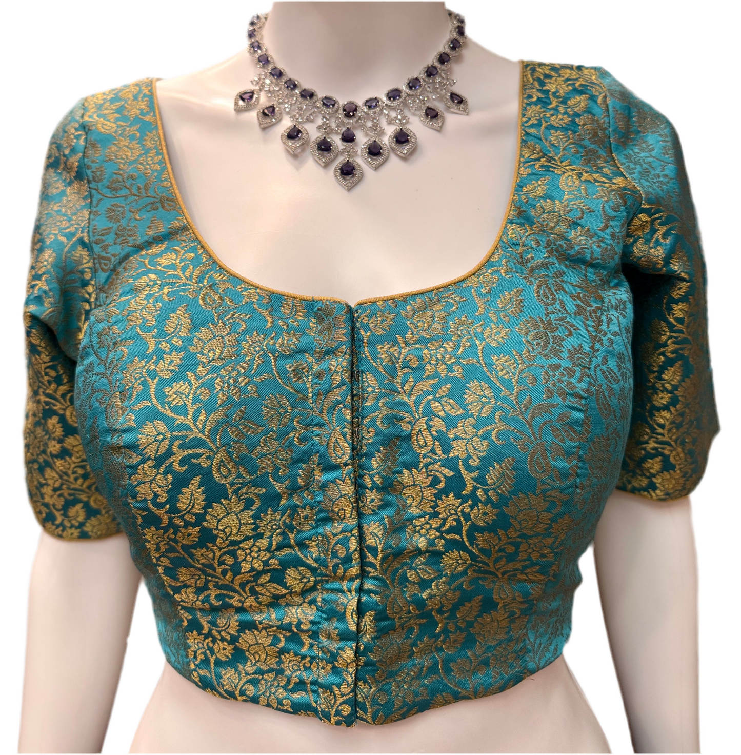 Attractive Sky Blue Colored Jacquard Printed Blouse For Women