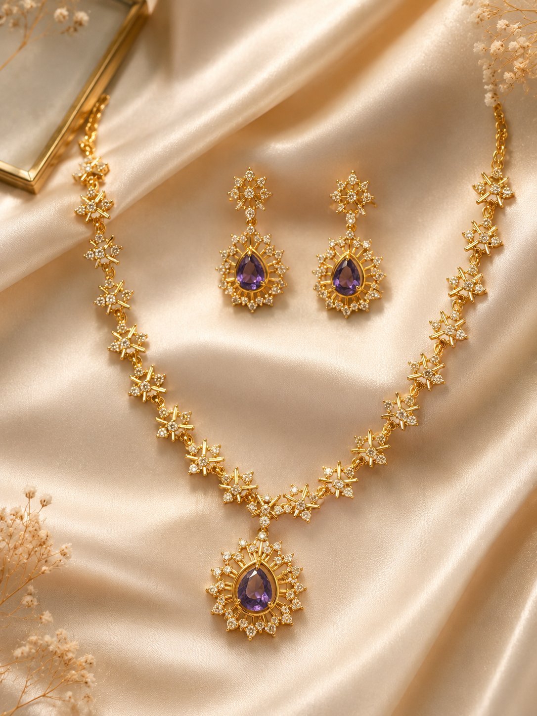 Stunning Purple And White American Diamond Gold Plated Necklace With Earrings