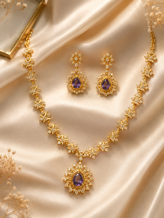 Elegant Purple And White Stones Studded Gold Plated Necklace With Earrings Set