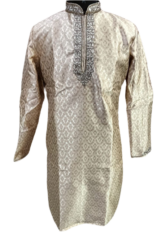 Attractive Gold Colored Banarasi Brocade Self Design With Embroidery Work Kurta Pajama Set
