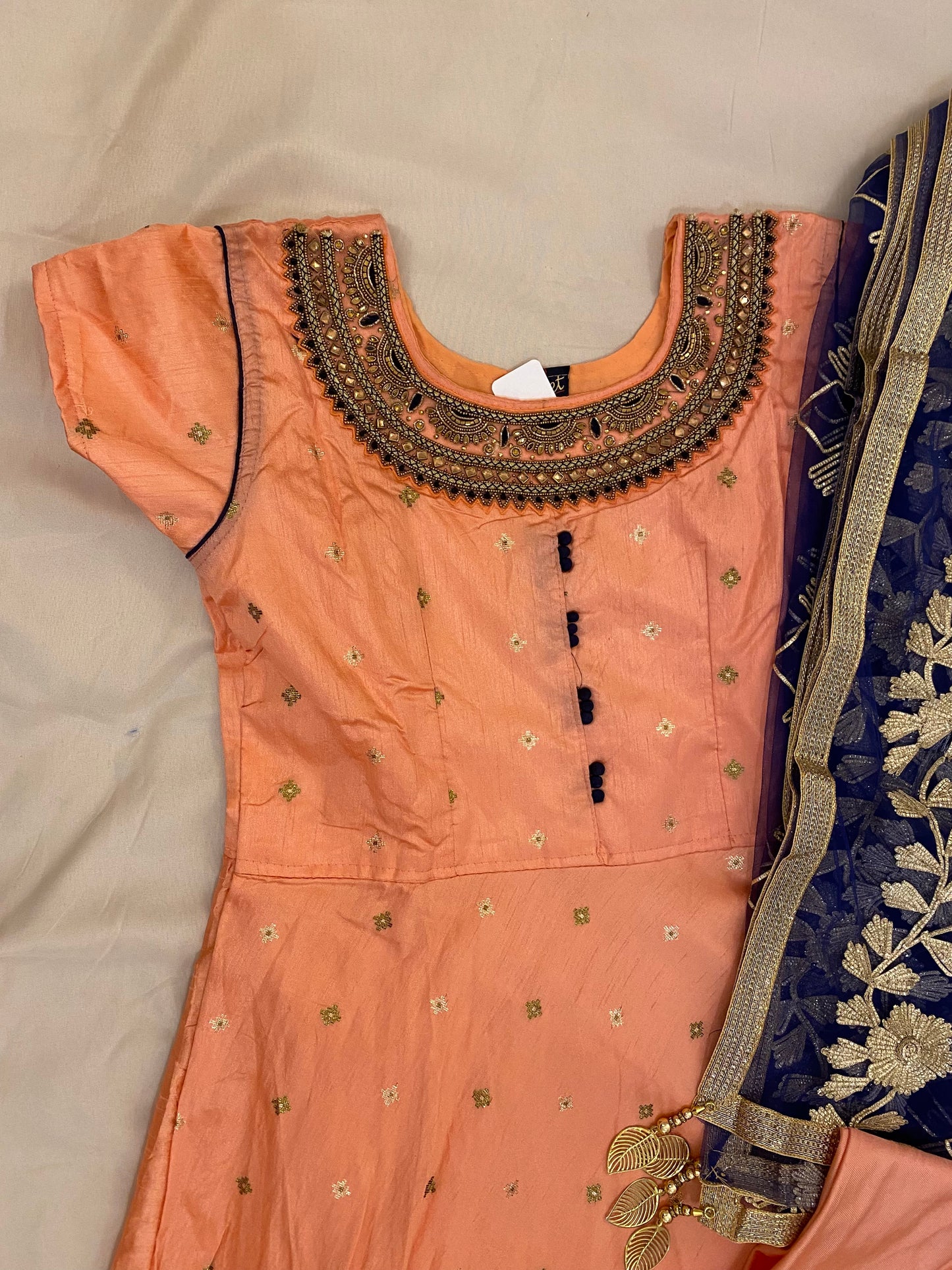 Peach Color Suit With Blue Dupatta and Self Color Bottom in Skull Valley