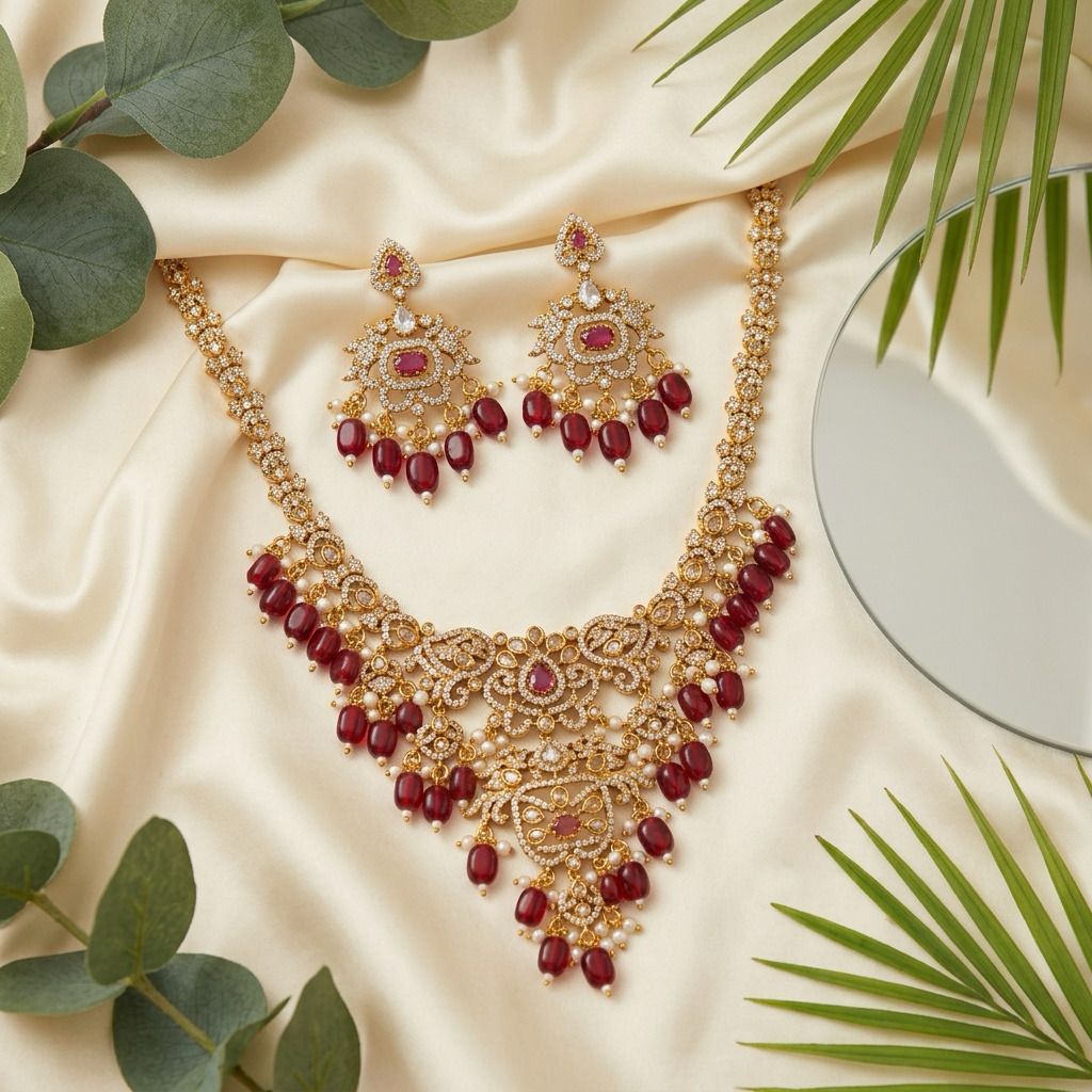 Stunning Red And White Stones Gold Plated Necklace With Earrings Set