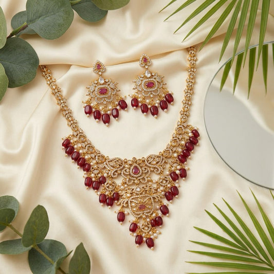 Stunning Red And White Stones Gold Plated Necklace With Earrings For Women