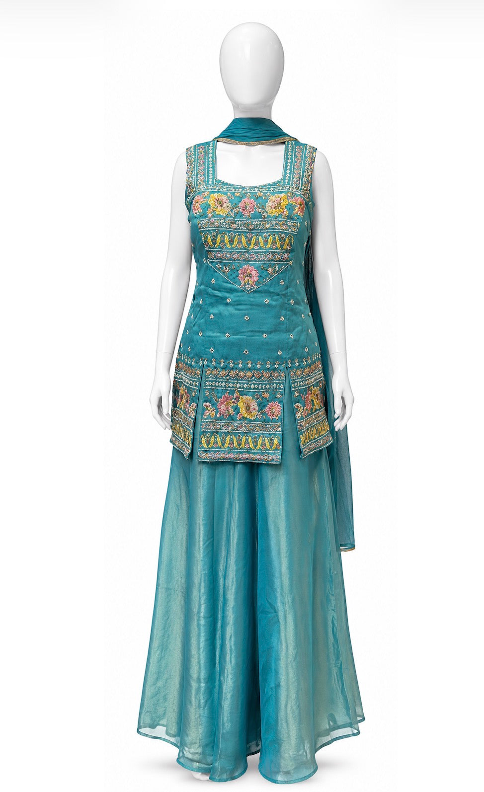 Amazing Teal Green Color Silk With Embroidery Work Sharara Suits With Dupatta For Women