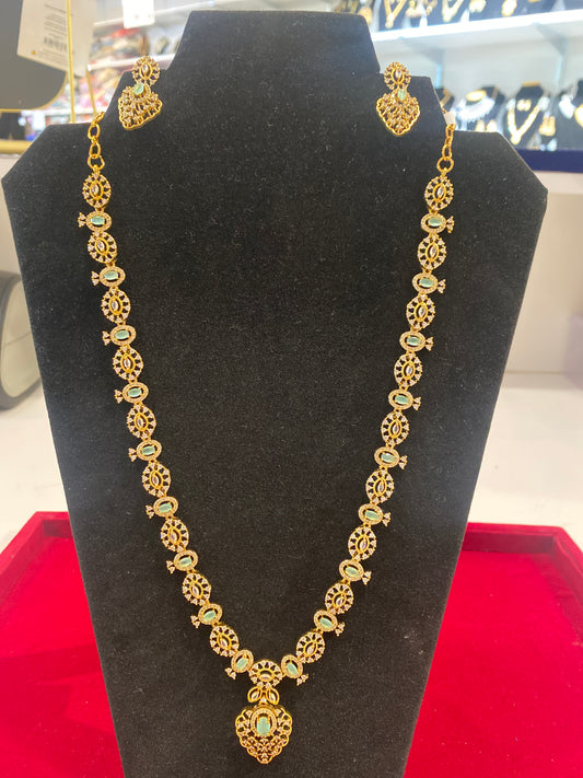 Beautiful Teal Green And White Stones Gold Plated Long Necklace With Earrings Set