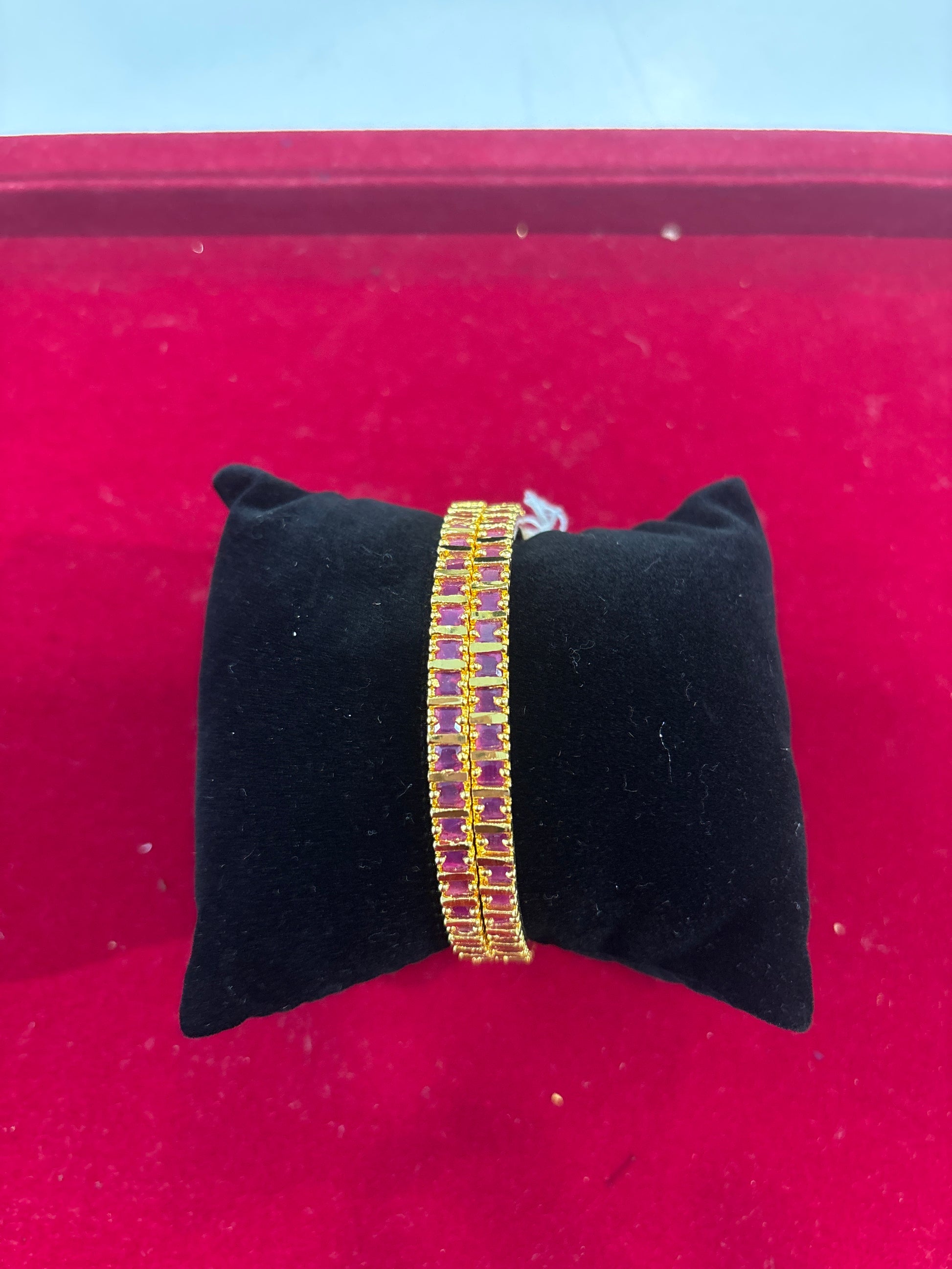 Elegant Ruby Red Color Stones Gold Plated Bangle Set For Women