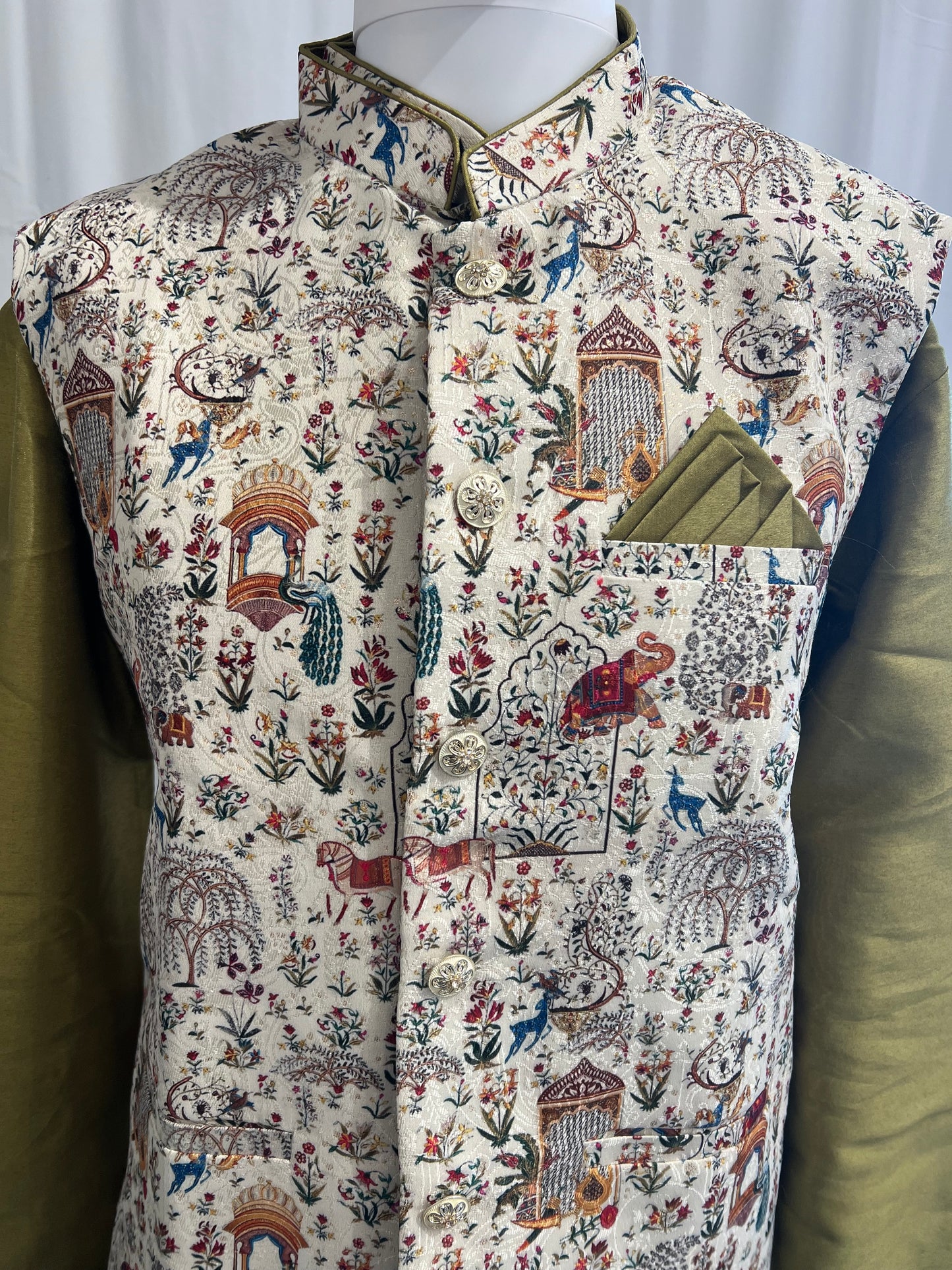 Wonderful Olive Green Color Cotton Kurta With Printed Work Jacket Set For Men