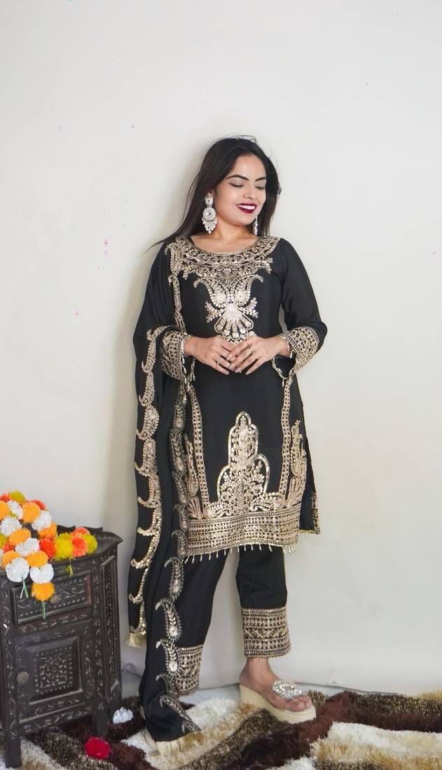 Alluring Black Color Chinnon Silk Salwar Suit With Heavy Embroidery Work For Women