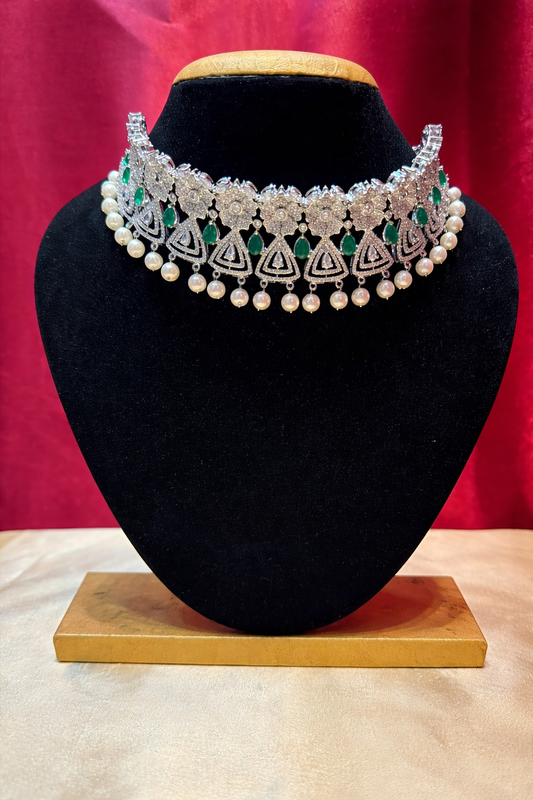 Stunning Green Stoned American Diamond With Pearl Beaded Choker 
