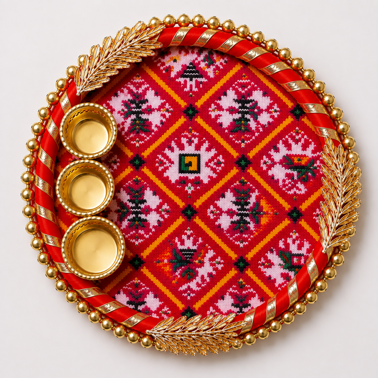 Traditional Embroidered Pooja Thali With Brass Bowls Golden Leaf Detailing