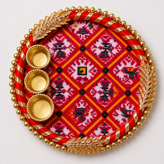 Traditional Embroidered Pooja Thali With Brass Bowls Golden Leaf Detailing