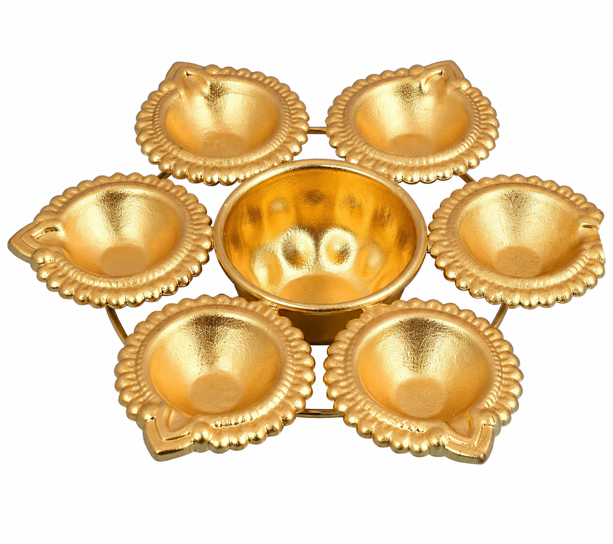 Golden Brass Diya Set With 5 Leaf-Shaped Diyas & Center Bowl