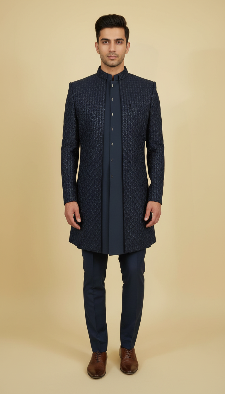 Navy Blue Color Silk Blend With Hand Embroidery Work Sherwani Suit For Men Near Me